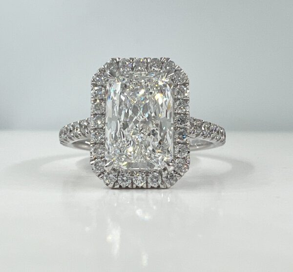 radiant cut lab diamond ring with halo and pave band
