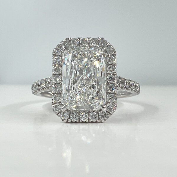 radiant cut lab diamond ring with halo and pave band