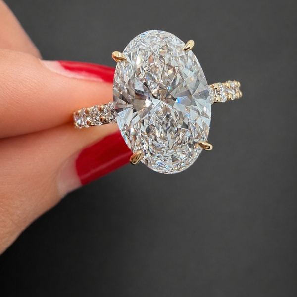 3 carat oval lab diamond ring with hidden halo pave band