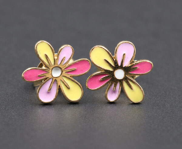 18K-Gold-Enamel-Flower-Earrings